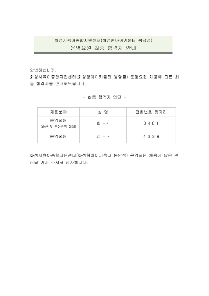 [크기변환]붙임1. 화성시육아종합지원센터(화성형 아이키움터 봉담점) 운영요원 최종 합격자 안내001.jpg